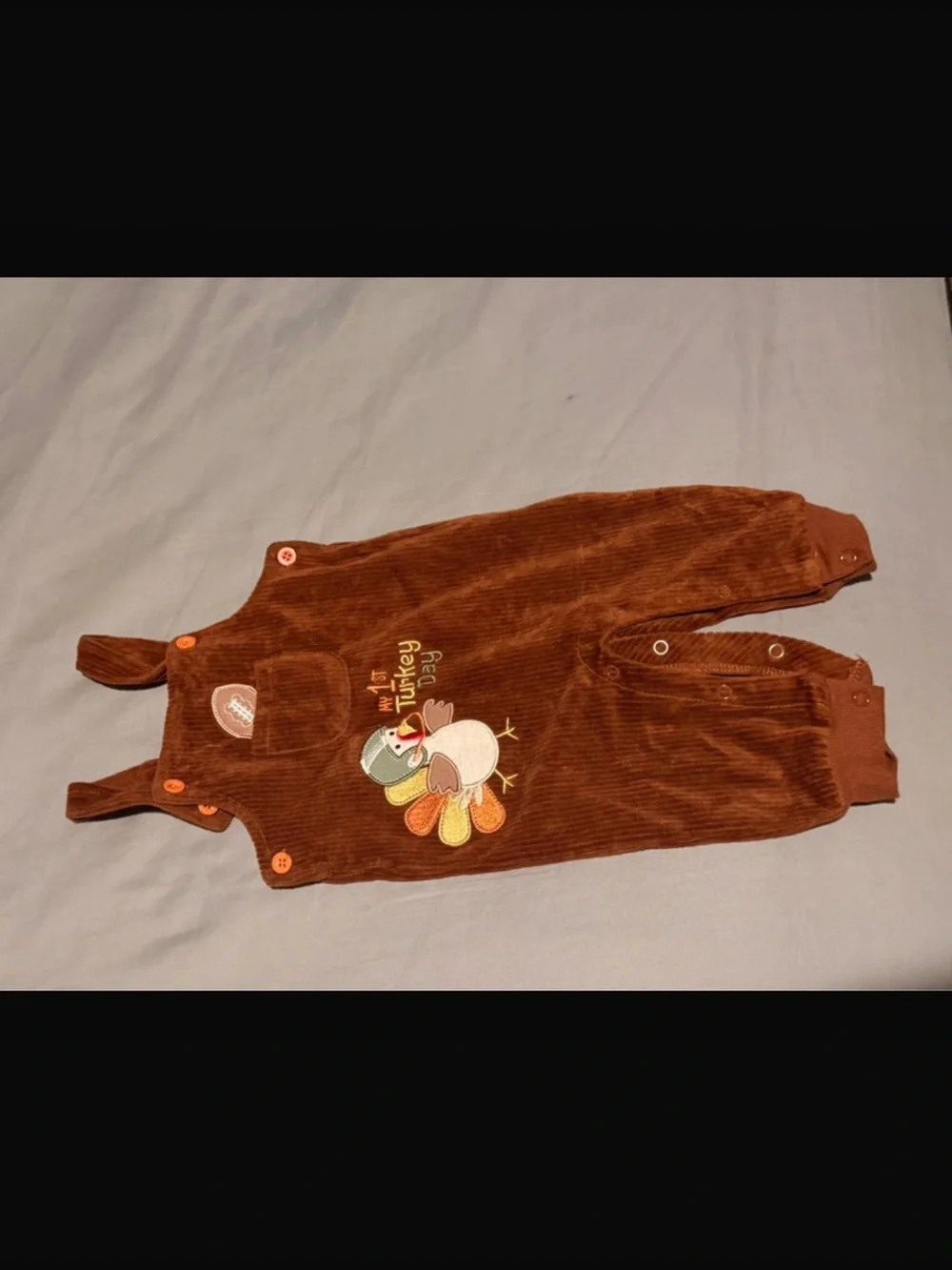Brown Corduroy Turkey Embroidered Baby Overalls